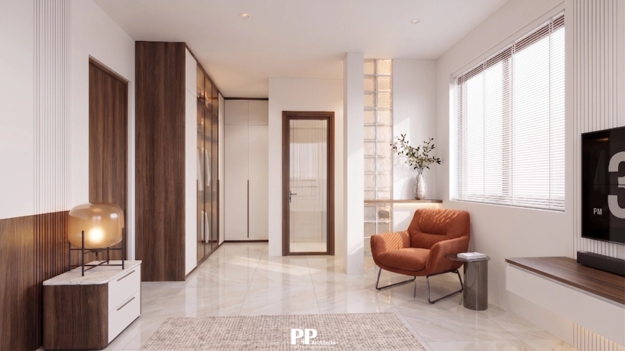 thiết kế villa xanh net zero với không gian nội thất sáng và cửa sổ lớn