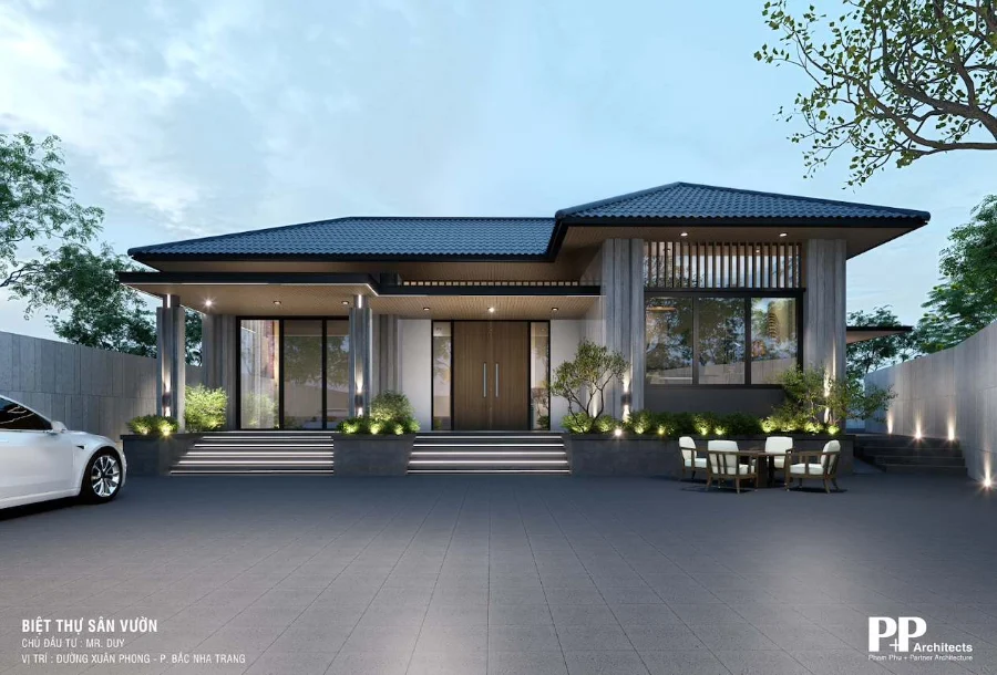 thiết kế villa xanh net zero với biệt thự sân vườn thấp tầng và mái rộng