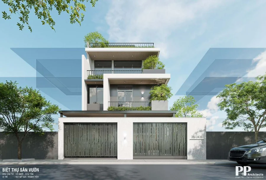 thiết kế villa xanh net zero với mặt tiền hiện đại và ban công cây xanh