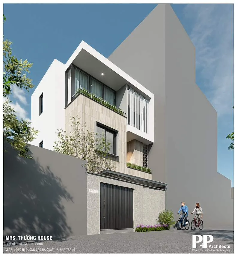 Thiết kế villa xanh Nha Trang Net Zero với nhà phố hiện đại và mảng xanh mặt tiền