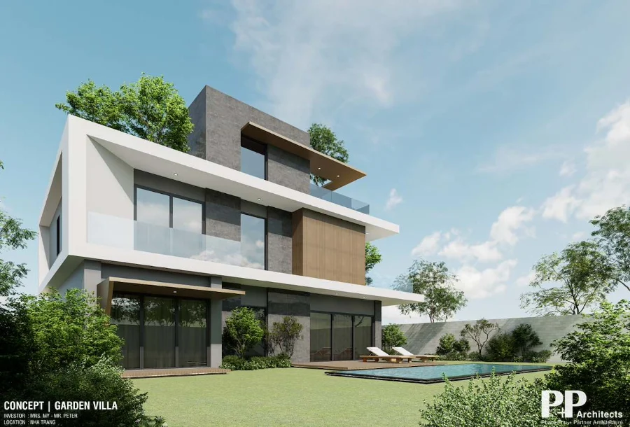 Thiết kế villa xanh Nha Trang Net Zero với biệt thự hiện đại, kính lớn và cảnh quan xanh