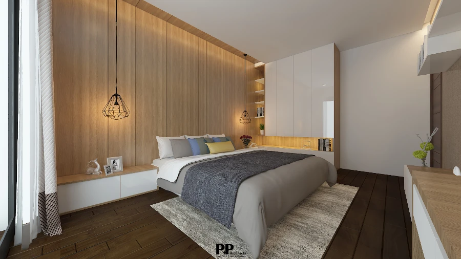 thiết kế villa xanh Nha Trang với phòng ngủ gỗ và ánh sáng tự nhiên