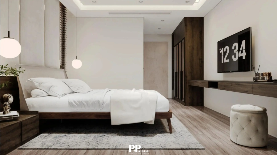 Villa Net Zero với phòng ngủ hiện đại và vật liệu nội thất ấm