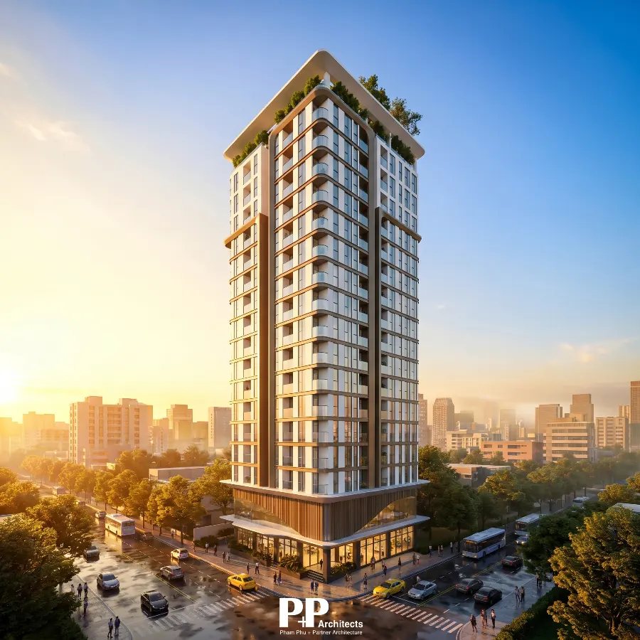 Villa Nha Trang trọn gói với tòa nhà cao tầng hiện đại và mảng xanh trên mái