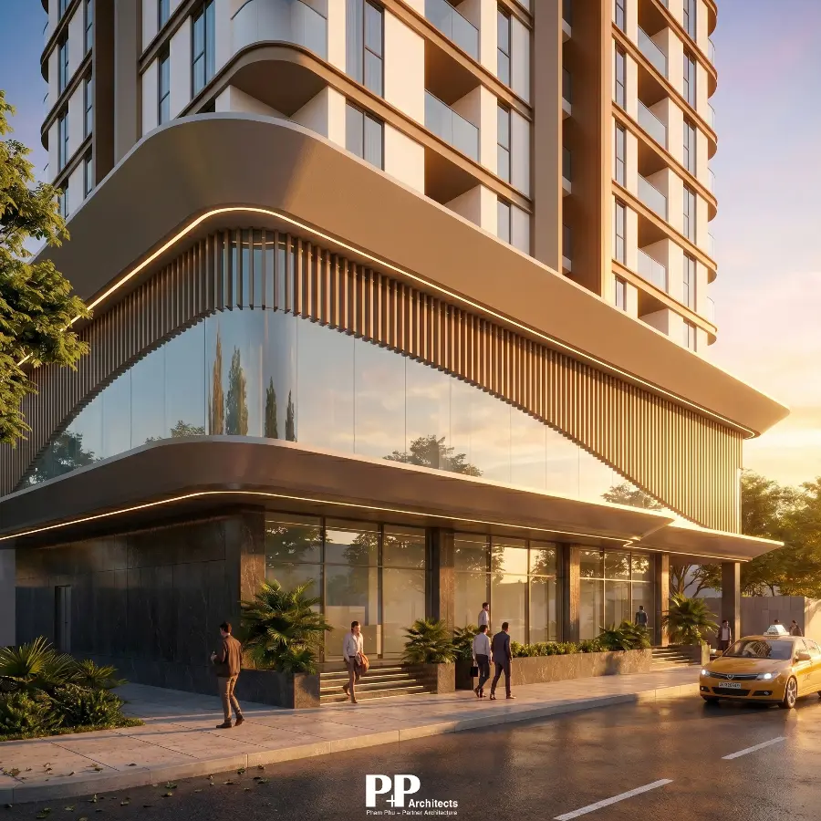 Villa Nha Trang trọn gói với mặt đứng cao tầng, kính lớn và khối đế thương mại
