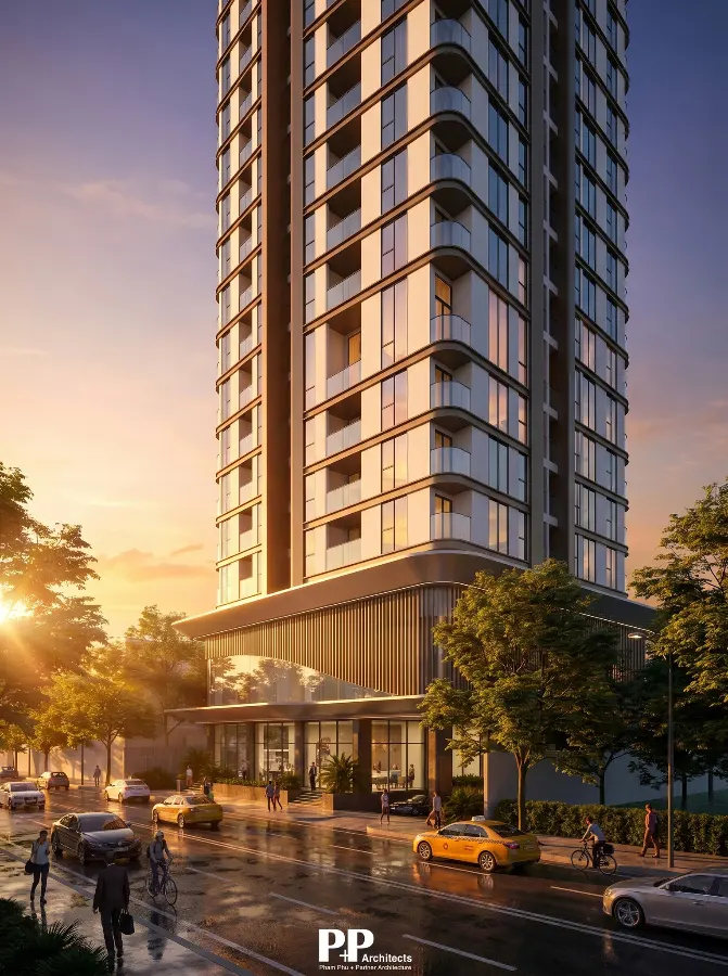Villa Nha Trang trọn gói với tòa nhà cao tầng hiện đại trong ánh hoàng hôn