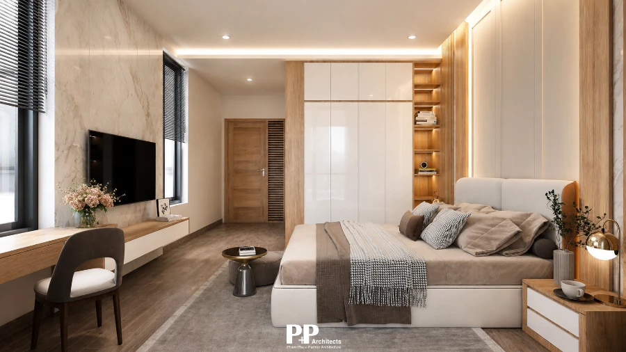 Chi phí thiết kế villa trọn gói Nha Trang với phòng ngủ cao cấp, nội thất gỗ và ánh sáng ấm