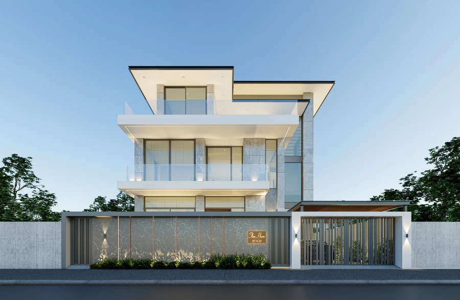 Dịch Vụ Thiết Kế Biệt Thự Nha Trang: Kiến Tạo Không Gian Sống Xứng Tầm Gia Chủ 5 Dịch vụ thiết kế biệt thự Nha Trang với kiến trúc biệt thự hiện đại, mặt tiền kính và hệ cổng sang trọng