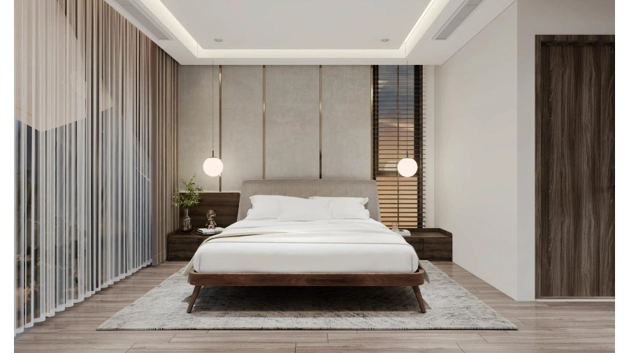Dịch Vụ Thiết Kế Biệt Thự Nha Trang: Kiến Tạo Không Gian Sống Xứng Tầm Gia Chủ 7 Dịch vụ thiết kế biệt thự Nha Trang với phòng ngủ tối giản, nội thất gỗ và ánh sáng tự nhiên
