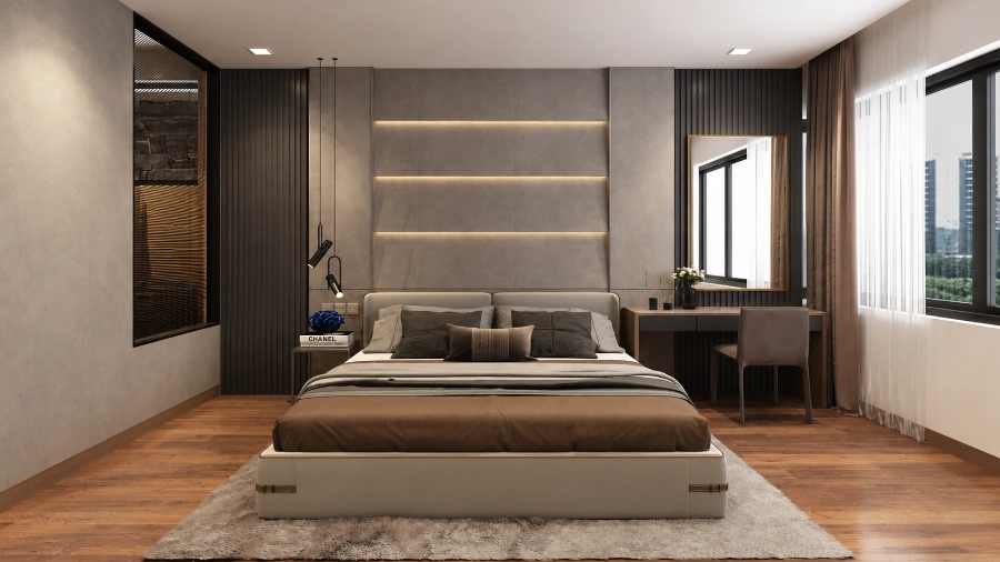 Dịch vụ thiết kế villa Nha Trang với phòng ngủ master hiện đại, vật liệu gỗ và ánh sáng tinh tế