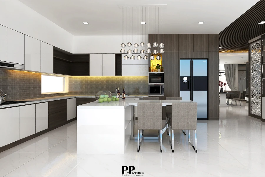 Dịch vụ thiết kế villa Nha Trang với bếp ăn hiện đại, đảo bếp trắng và nội thất gỗ tinh gọn