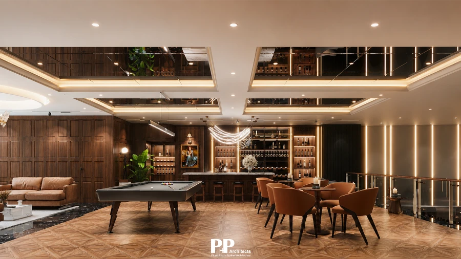 Thiết Kế Căn Hộ Dịch Vụ Kết Hợp Không Gian Ở với không gian giải trí, quầy bar và nội thất sang trọng