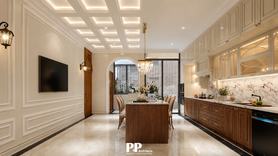 Thiết Kế Căn Hộ Dịch Vụ Kết Hợp Không Gian Ở với bếp ăn tân cổ điển, vật liệu gỗ và ánh sáng ấm