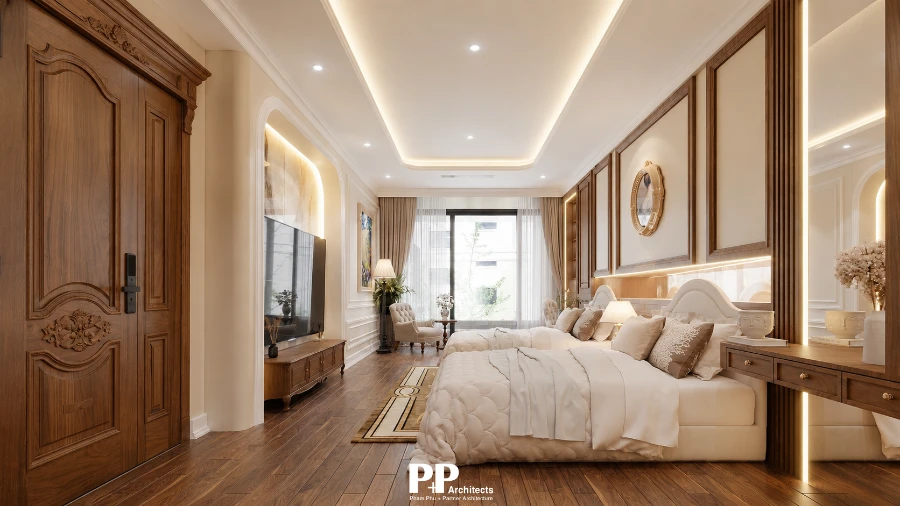 Thiết Kế Căn Hộ Dịch Vụ Kết Hợp Không Gian Ở với phòng ngủ tân cổ điển, nội thất gỗ và ánh sáng tinh tế