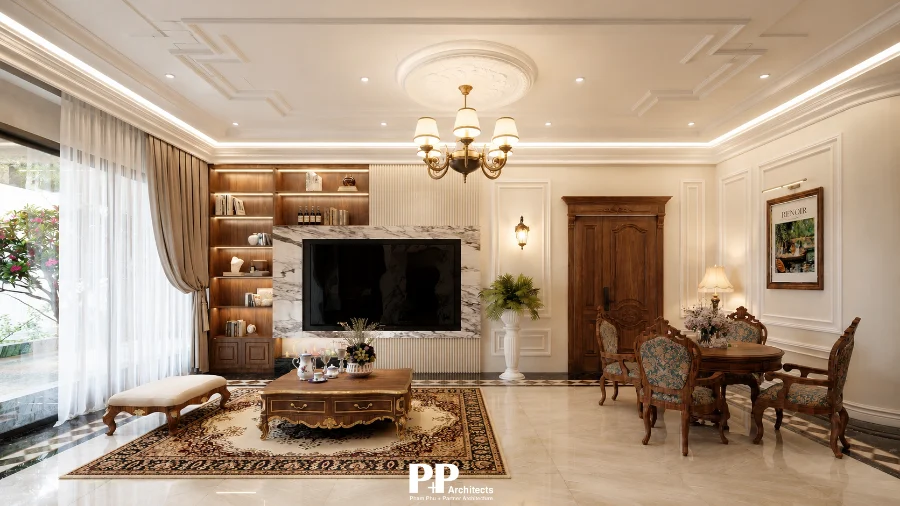 Thiết Kế Căn Hộ Dịch Vụ Kết Hợp Không Gian Ở với phòng khách tân cổ điển, không gian sinh hoạt và nội thất sang trọng