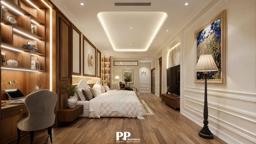 Thiết Kế Căn Hộ Dịch Vụ Kết Hợp Không Gian Ở với phòng ngủ cao cấp, bàn làm việc và hệ tủ trang trí