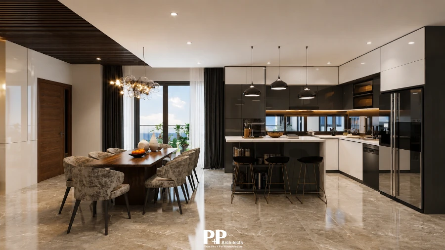 thiết kế căn hộ dịch vụ trọn gói tại Nha Trang với không gian bếp ăn hiện đại, đảo bếp và nội thất cao cấp