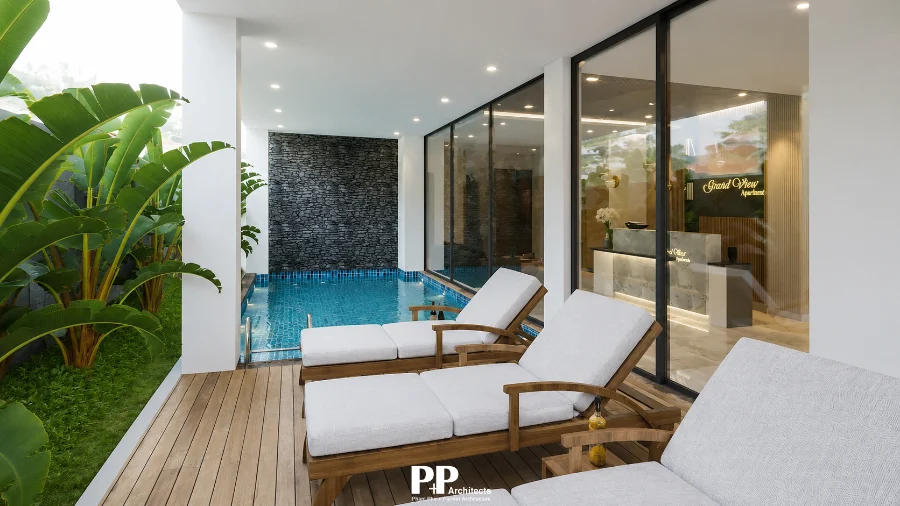 thiết kế căn hộ dịch vụ trọn gói tại Nha Trang với khu hồ bơi thư giãn, ghế nghỉ và cảnh quan xanh