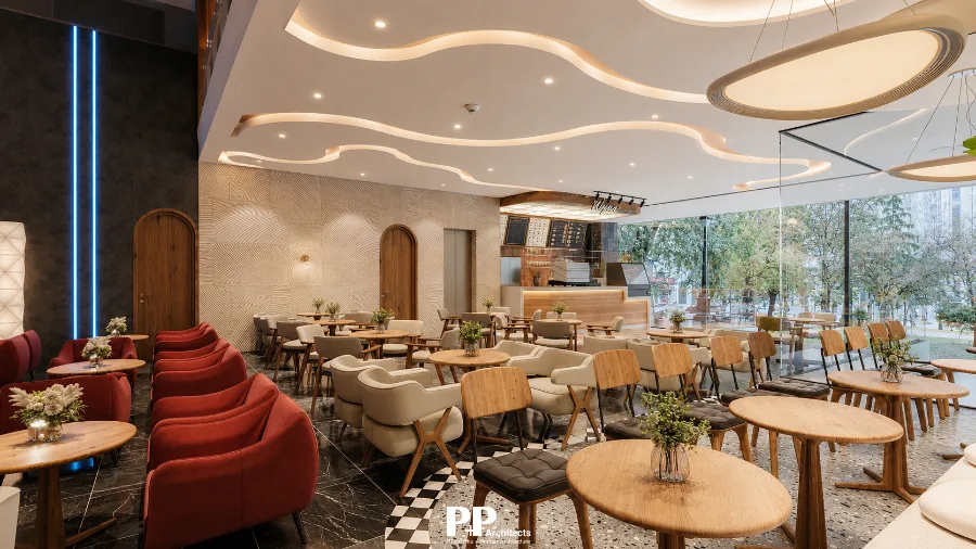 Thiết Kế Căn Hộ Dịch Vụ Ven Biển Tại Nha Trang với không gian cafe, nội thất mềm mại và tầm nhìn thoáng