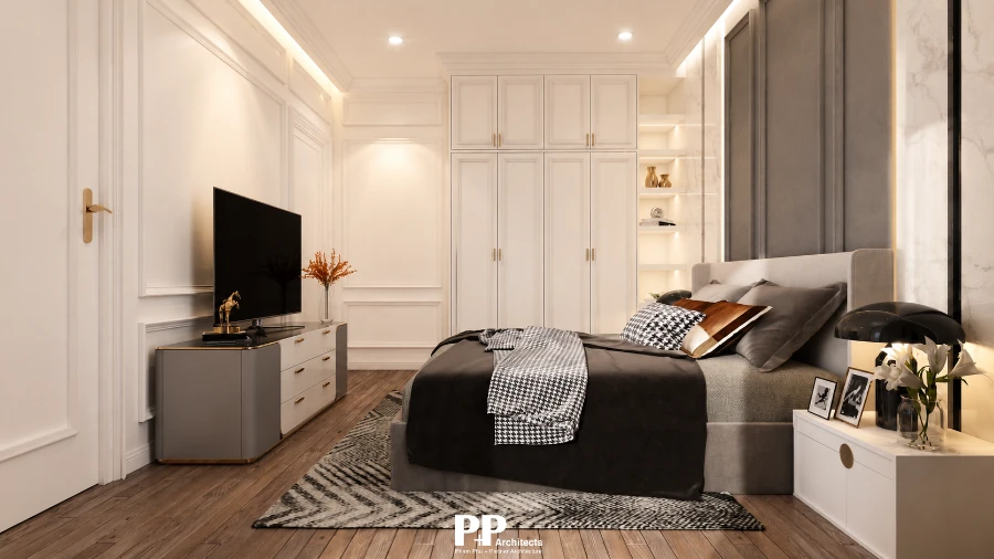 Thiết kế căn hộ dịch vụ xanh tại Nha Trang với phòng ngủ hiện đại, tủ âm tường và nội thất tinh tế