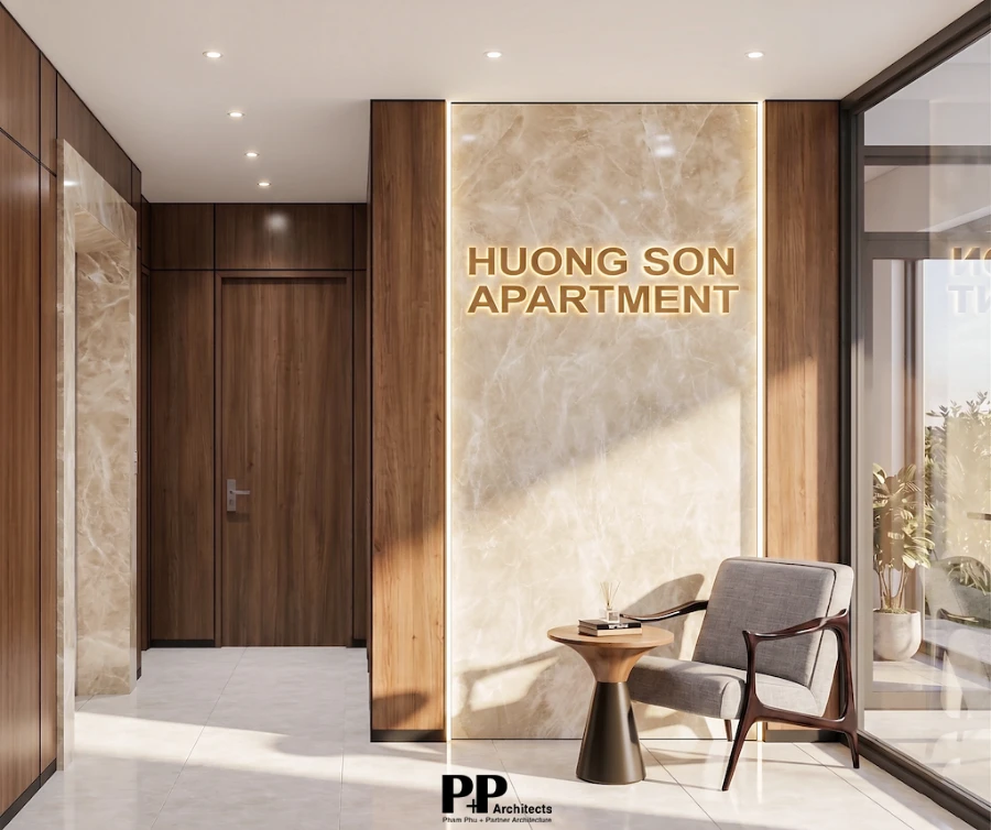 Thiết Kế Căn Hộ Kết Hợp Nhà Ở Nha Trang 2026 - Mô Hình Sống Và Khai Thác Linh Hoạt 3 Thiết kế căn hộ kết hợp nhà ở Nha Trang với sảnh đón căn hộ sử dụng vật liệu gỗ, đá và ánh sáng tự nhiên