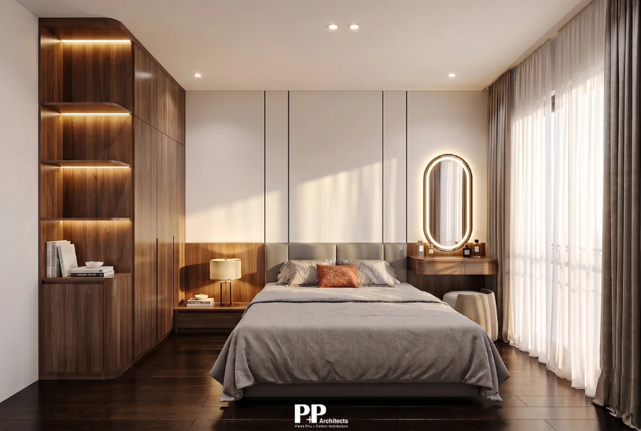 Thiết Kế Căn Hộ Kết Hợp Nhà Ở Nha Trang 2026 - Mô Hình Sống Và Khai Thác Linh Hoạt 5 Thiết kế căn hộ kết hợp nhà ở Nha Trang với phòng ngủ hiện đại, nội thất gỗ và bàn trang điểm riêng