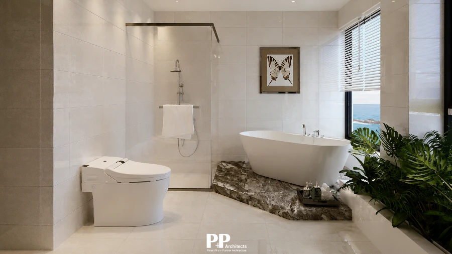 Thiết Kế Kiến Trúc Căn Hộ Dịch Vụ Xanh với phòng tắm view biển, bồn tắm độc lập và cây xanh
