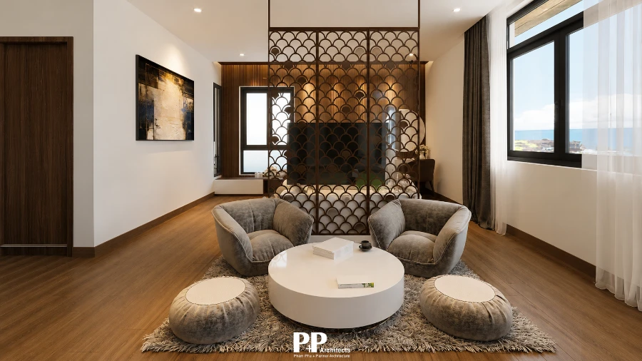 Thiết Kế Kiến Trúc Căn Hộ Dịch Vụ Xanh với không gian nghỉ ngơi, vách ngăn trang trí và tầm nhìn biển
