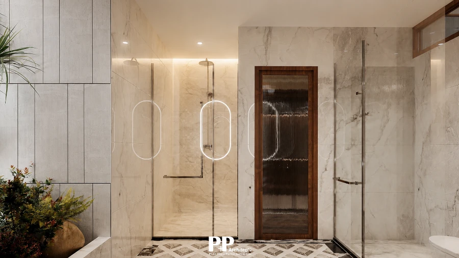 Thiết Kế Kiến Trúc Căn Hộ Dịch Vụ Xanh với phòng tắm hiện đại, vách kính và vật liệu đá sáng
