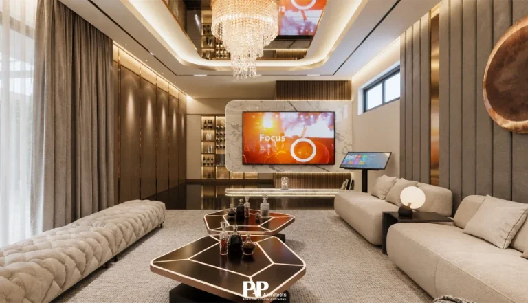 Thiết Kế Kiến Trúc Villa Nha Trang - 4 Tiêu Chuẩn Chuyên Nghiệp 16 thiết kế kiến trúc villa Nha Trang với phòng khách hiện đại, vách đá trang trí và đèn chùm sang trọng