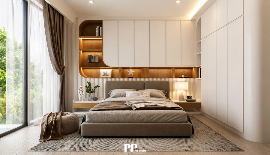 Thiết Kế Kiến Trúc Villa Nha Trang - 4 Tiêu Chuẩn Chuyên Nghiệp 6 thiết kế kiến trúc villa Nha Trang với phòng ngủ hiện đại, nội thất gỗ ấm và ánh sáng tự nhiên