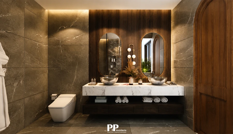 Thiết Kế Villa Nha Trang - 7 Hướng Dẫn Toàn Diện Từ A Đến Z 5 Thiết kế villa Nha Trang với phòng tắm cao cấp, đá tự nhiên và lavabo đôi sang trọng