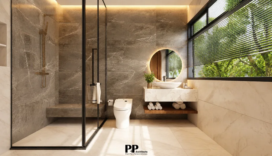 Công Ty Thiết Kế Biệt Thự Sân Vườn Nha Trang: 6 Tiêu Chí Lựa Chọn Phù Hợp 7 Thiết kế phòng tắm biệt thự sân vườn Nha Trang hướng ra cảnh quan xanh