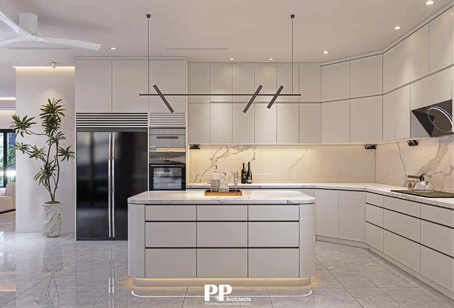 Công Ty Thiết Kế Trọn Gói Villa Nha Trang - Đồng Bộ Kiến Trúc, Nội Thất Và Cảnh Quan 3 Thiết kế nội thất bếp villa Nha Trang với đảo bếp và hệ tủ đồng bộ