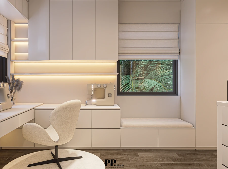 Công Ty Thiết Kế Trọn Gói Villa Nha Trang - Đồng Bộ Kiến Trúc, Nội Thất Và Cảnh Quan 8 Không gian làm việc trong villa Nha Trang với hệ tủ và bàn thiết kế đồng bộ