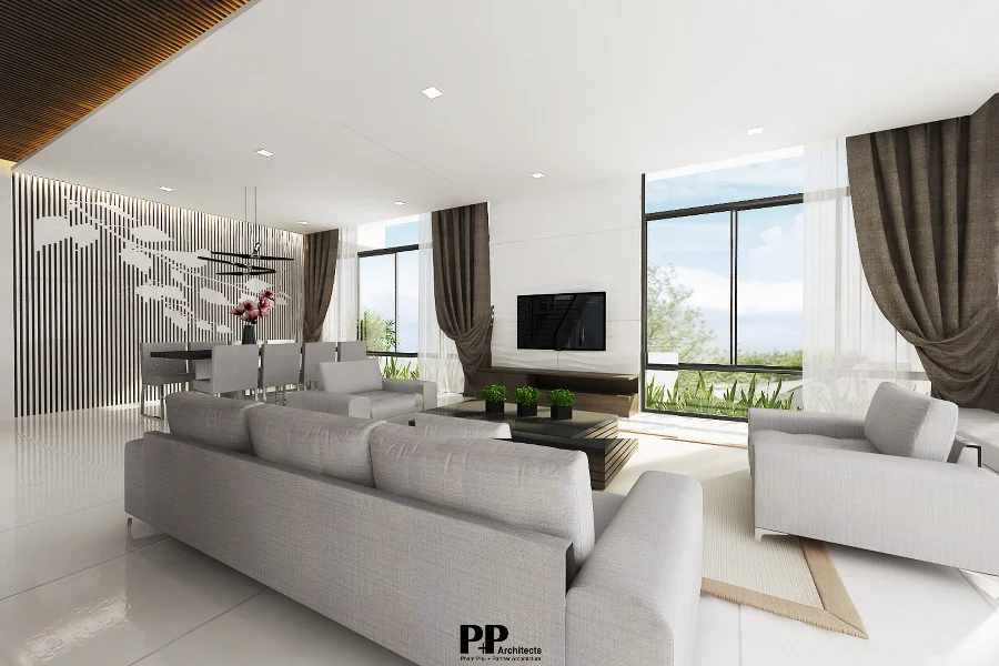 Không gian phòng khách villa xanh Nha Trang tận dụng ánh sáng tự nhiên