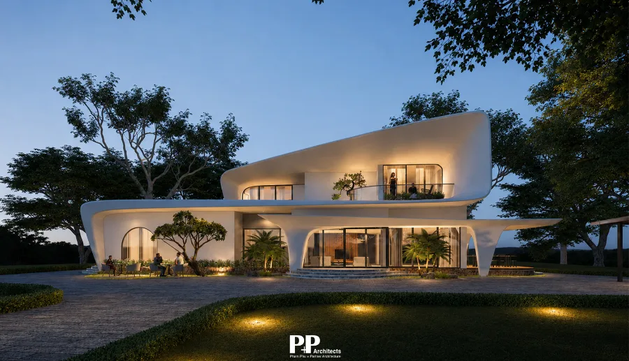 Công Ty Thiết Kế Villa Tại Nha Trang: 10 Tiêu Chí Kinh Nghiệm Được Đo Bằng Giá Trị Của Công Trình 16 Công ty thiết kế villa tại Nha Trang Kiến Trúc PP với villa đường cong hiện đại giữa cảnh quan xanh
