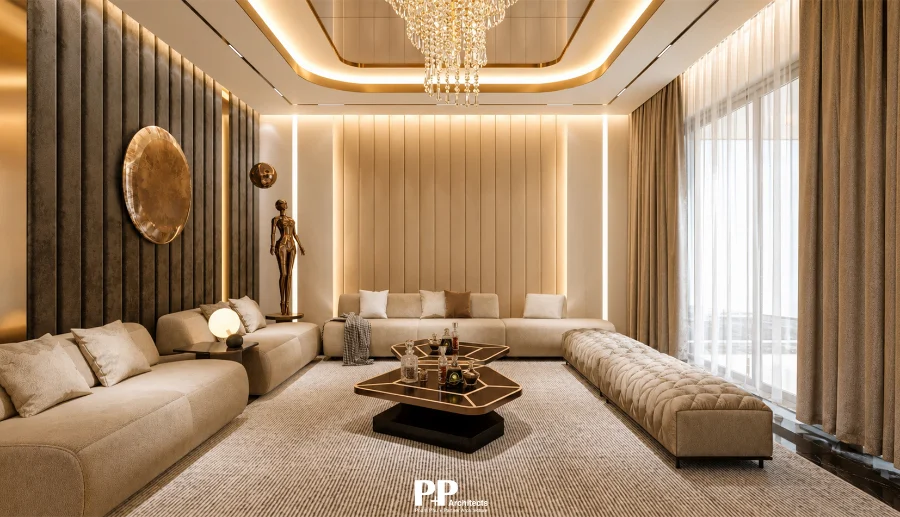 Thiết kế phòng khách villa cao cấp Nha Trang với ánh sáng nhiều lớp