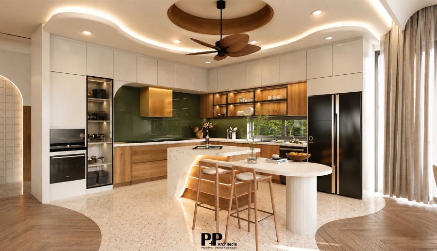 Thiết kế bếp villa Nha Trang với đảo bếp và vật liệu gỗ hiện đại