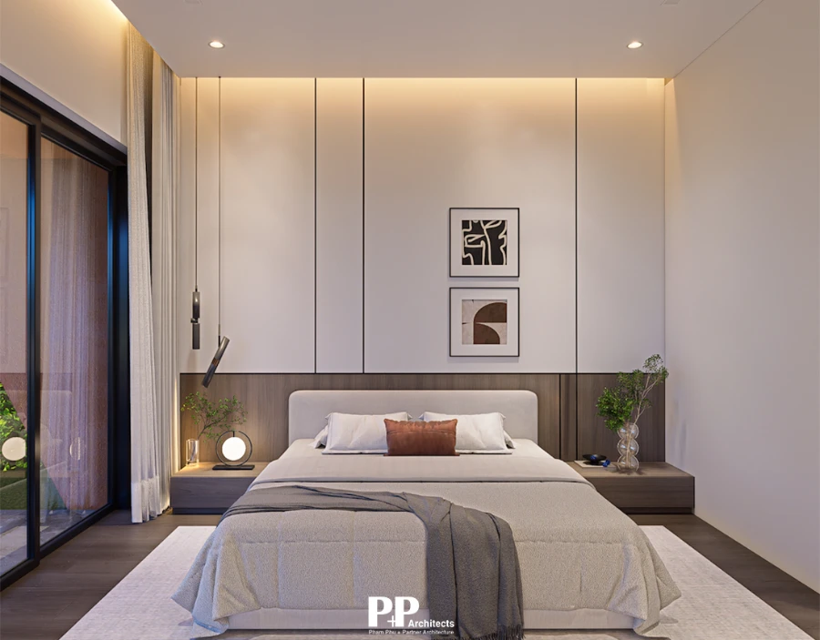 Dự án thiết kế biệt thự Nha Trang thực tế với phòng ngủ tối giản và cửa kính lớn