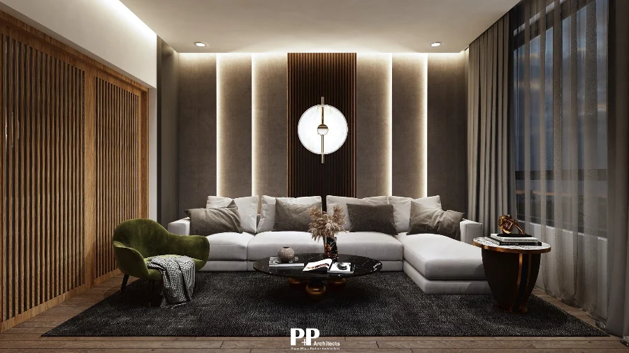 Dự án thiết kế biệt thự Nha Trang thực tế với phòng khách hiện đại và vật liệu gỗ