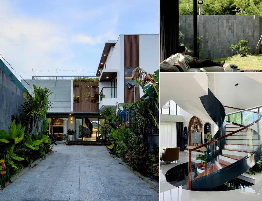 Thiết kế kiến trúc biệt thự Nha Trang với không gian xanh, sân vườn và cầu thang xoắn nghệ thuật