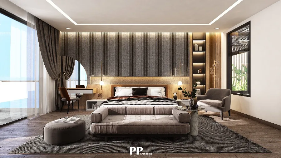 Thiết Kế Trọn Gói Villa Xanh Nha Trang: Kiến Trúc PP Và Tương Lai Của Không Gian Sống Bền Vững 2026 3 Thiết kế trọn gói villa xanh Nha Trang với phòng ngủ master sang trọng và ánh sáng tự nhiên