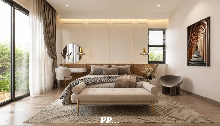 Thiết Kế Trọn Gói Villa Xanh Nha Trang: Kiến Trúc PP Và Tương Lai Của Không Gian Sống Bền Vững 2026 7 Thiết kế trọn gói villa xanh Nha Trang với phòng ngủ sáng thoáng, cửa kính lớn và mảng xanh bên ngoài