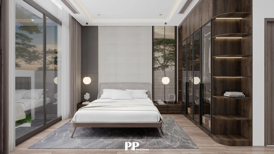 Thiết Kế Villa Nha Trang Uy Tín: 7 Giá Trị Tạo Nên Một Công Trình Có Chiều Sâu 7 Thiết kế phòng ngủ villa Nha Trang với nội thất gỗ và hệ cửa kính lớn