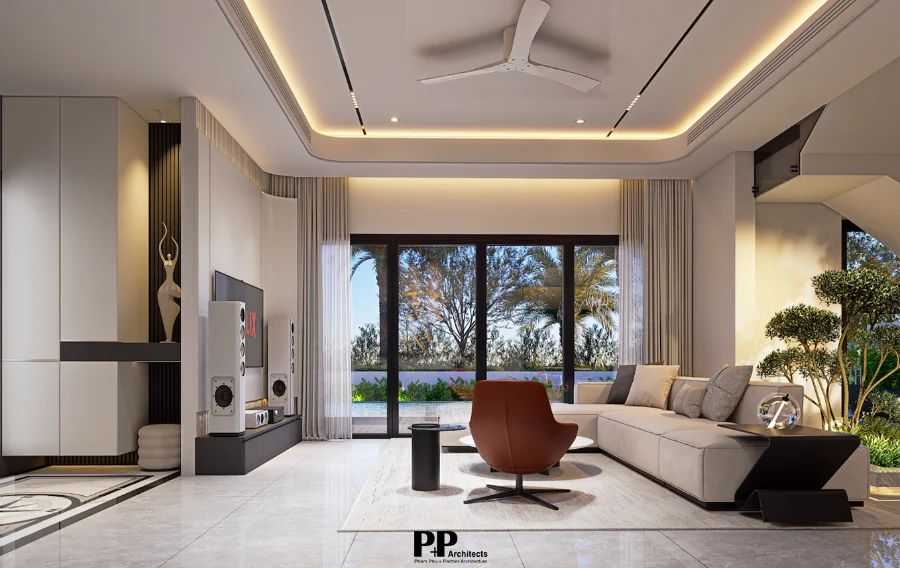 Thiết Kế Villa Nha Trang Uy Tín: 7 Giá Trị Tạo Nên Một Công Trình Có Chiều Sâu 10 Thiết kế phòng khách villa Nha Trang với không gian mở hướng sân vườn