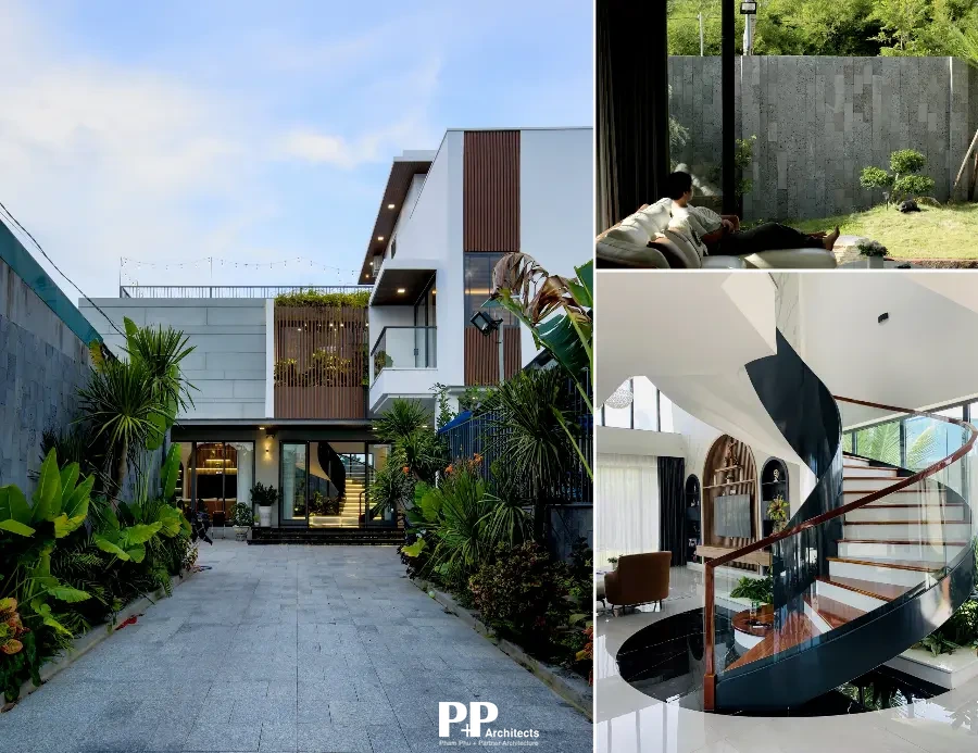 Thiết Kế Villa Xanh Nha Trang Uy Tín 2026: Những Tiêu Chí Đánh Giá Thực Tế 7 Công trình được thiết kế theo ngôn ngữ hiện đại do đơn vị thiết kế villa xanh Nha Trang uy tín Kiến Trúc PP thực hiện với việc sử dụng cầu thang uốn cong làm điểm nhấn cho không gian phòng khách