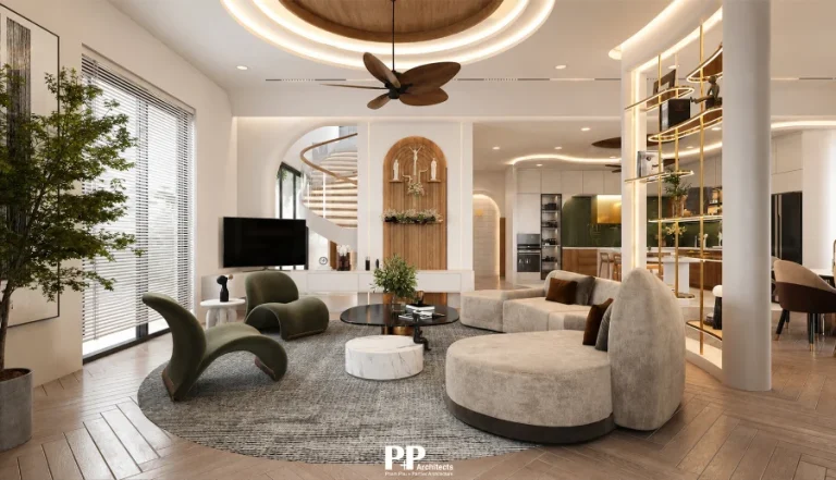 Thiết Kế Villa Xanh Nha Trang Uy Tín 2026: Những Tiêu Chí Đánh Giá Thực Tế 21 Không gian phòng khách được đơn vị thiết kế villa xanh Nha Trang uy tín Kiến Trúc PP thực hiện với ngôn ngữ thiết kế tối giản, nhẹ nhàng