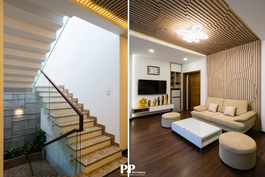 Thiết kế biệt thự Nha Trang uy tín với cầu thang và phòng sinh hoạt gia đình