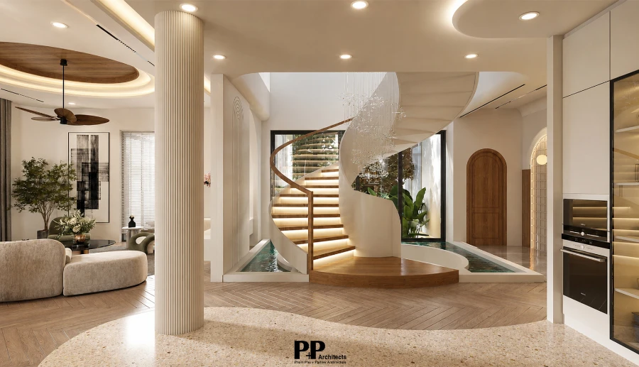 Thiết kế villa biệt thự Nha Trang có sân vườn với không gian nội thất mở và khoảng xanh bên trong